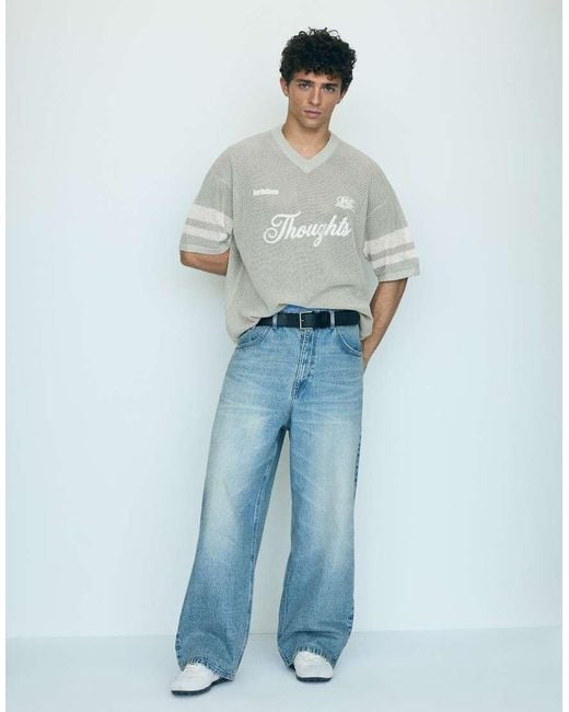 Bershka White Embroidered Mesh V-neck T-shirt for men