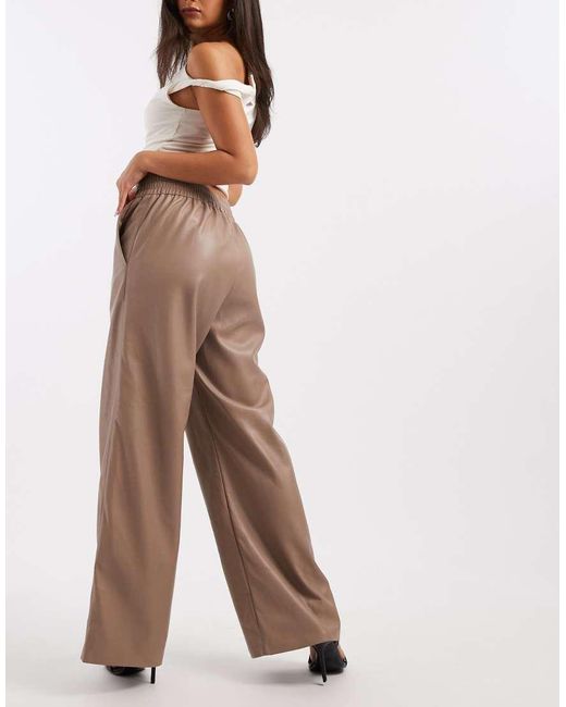French Connection Gray Pu Wide Leg Trousers With Tie Waist