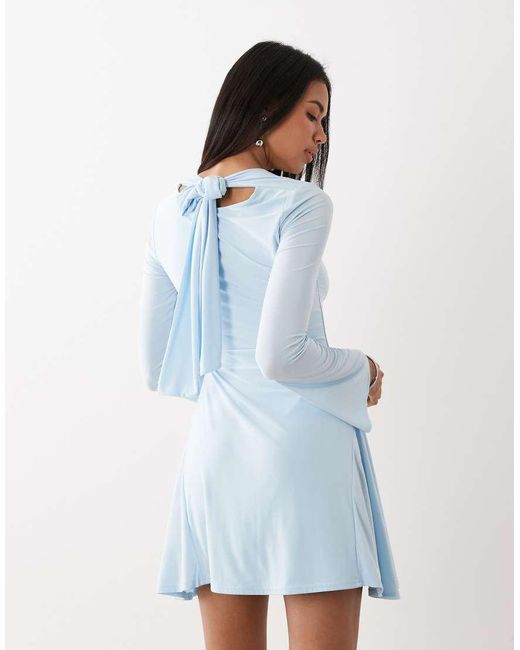 Kaiia Blue Exclusive Double Layered Slinky Cross Neck Cutout Detail Long Sleeve Skater Mini Dress