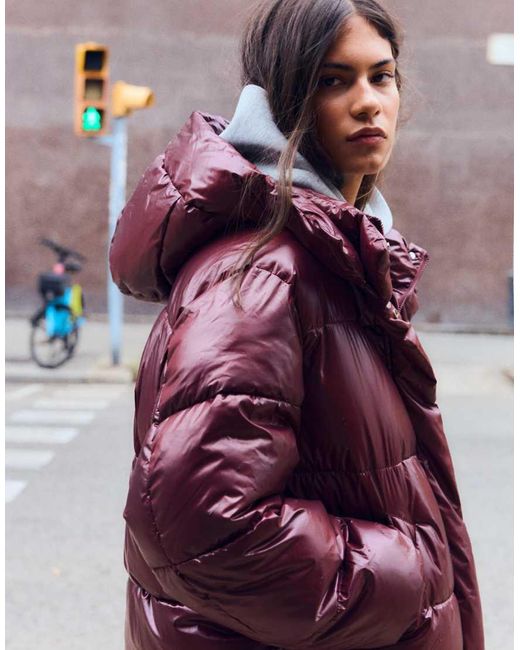 Bershka Purple Oversize Hooded Puffer Jacket