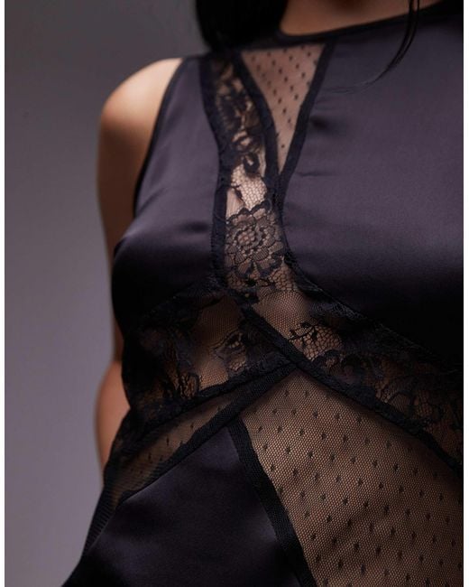 TOPSHOP Black Satin And Lace Mix Sleeveless Top