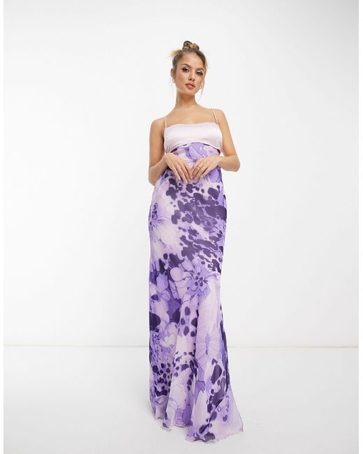 ASOS Purple Satin Mix Cami Cut Out Waist Maxi Dress With Cross Strap Detail