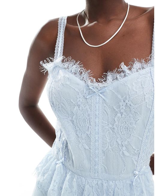 Miss Selfridge Blue Cheesecloth Maxi Corset Dress With Ribbon Trims