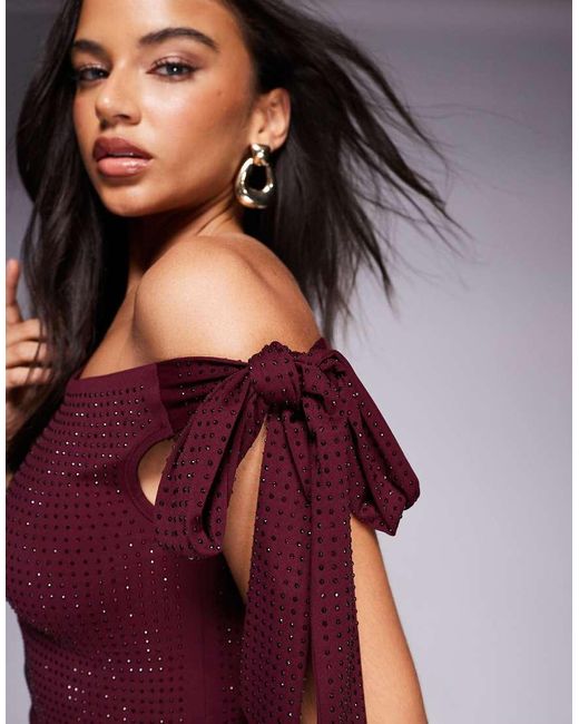 The Frolic Purple Exclusive Hot Fix Off Shoulder Tie Detail Bodycon Mini Dress