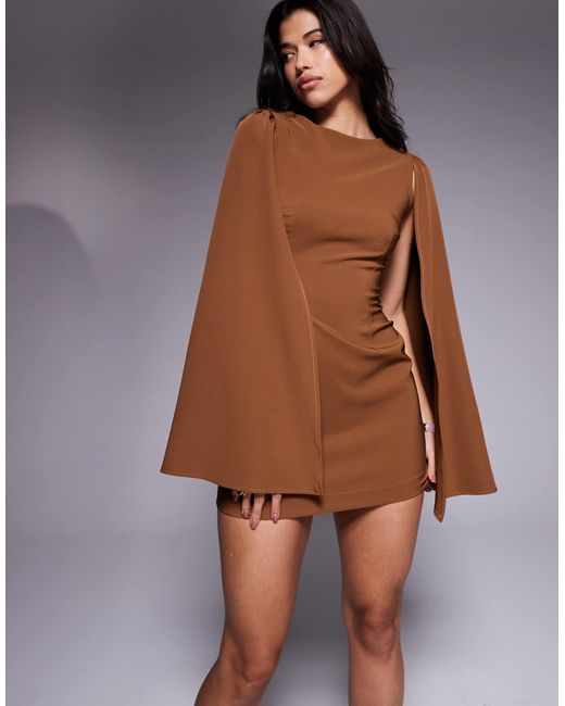 TFNC London Brown Crepe Mini Dress With Cape Shoulders