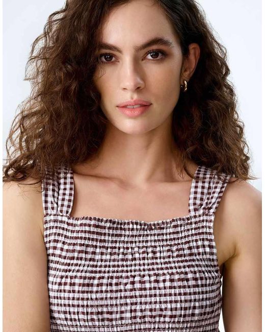 OMNES White Tops Rain Cotton Seersucker Gingham Top With Peplum Frill