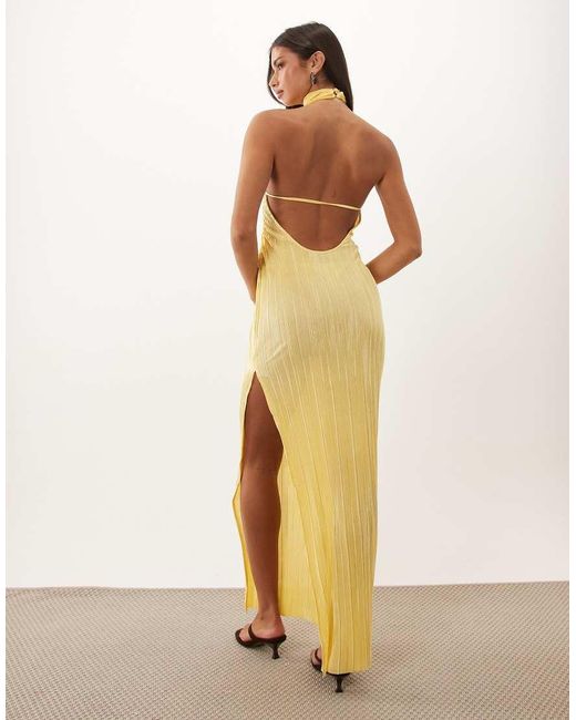 ASOS Natural Plisse Halter Neck Maxi Dress With Corsage Trims