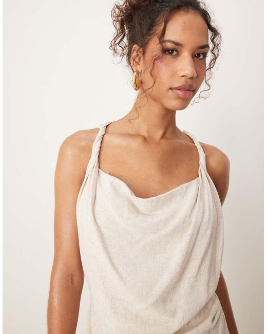 ASOS Natural Linen Mix Twist Shoulder Detail Midi Dress With Ruching