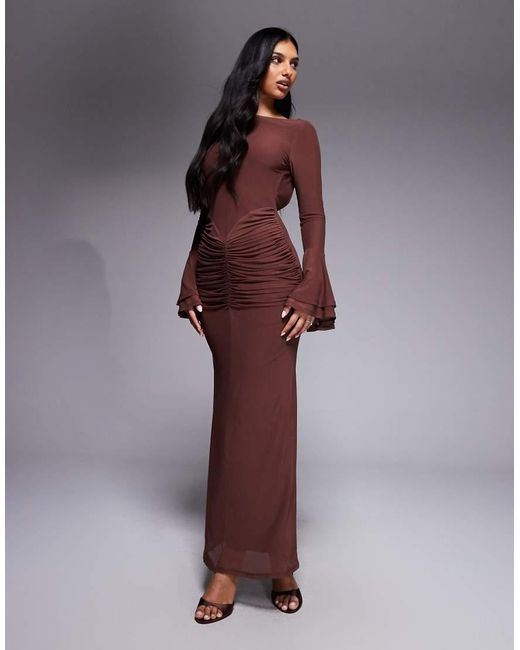 ASOS Purple Mesh Flute Sleeve Maxi With Plunge Back Detail Dress