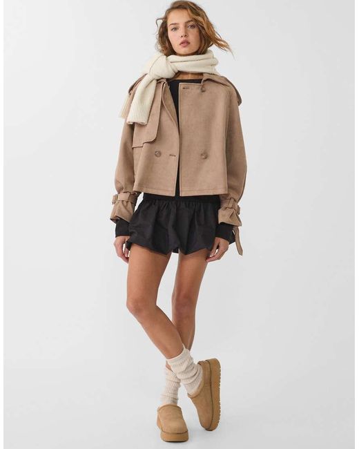 Stradivarius Natural Short Faux Suede Trench Coat