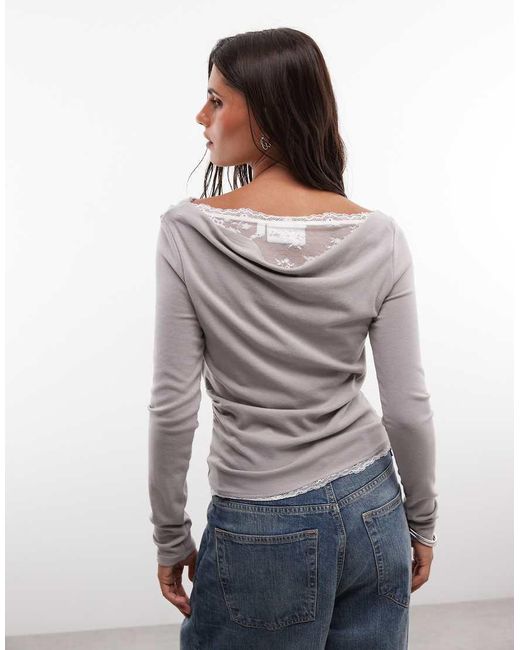 Daisy Street Gray Double Layer Slinky Long Sleeve Top With Lace Insert