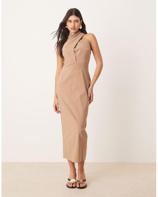 ASOS Rechte Midi-Jurk Met Gekruiste Hals in het Natural