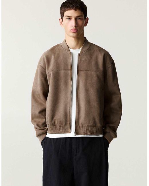 Pull&Bear Natural Faux Suede Bomber Jacket for men