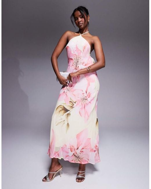 River Island Pink Floral Halterneck Maxi Dress With Embellished Detail