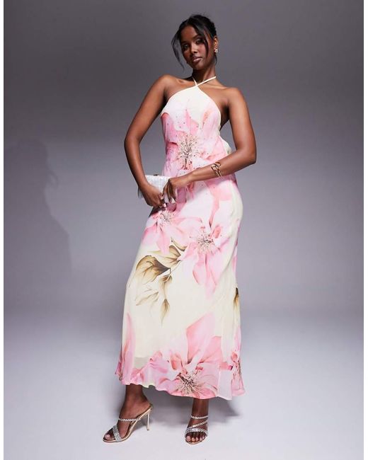 River Island Maxi Jurk Met Halternek, Versierd Detail En Bloemenprint in het Pink