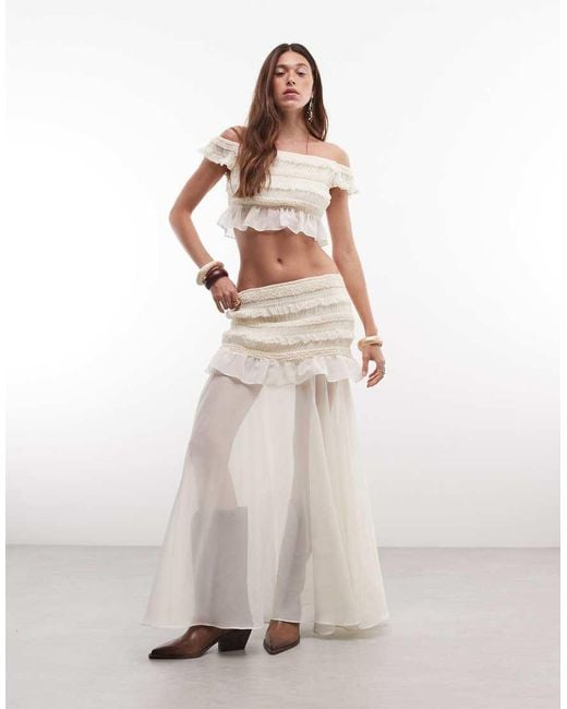 TFNC London White Shirred Chiffon Ruffle Sheer Maxi Skirt