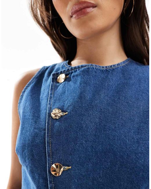 Top Medio Asimétrico Con Parte Delantera Cruzada Y Botones Dorados De (Parte De Un Conjunto) ASOS de color Blue