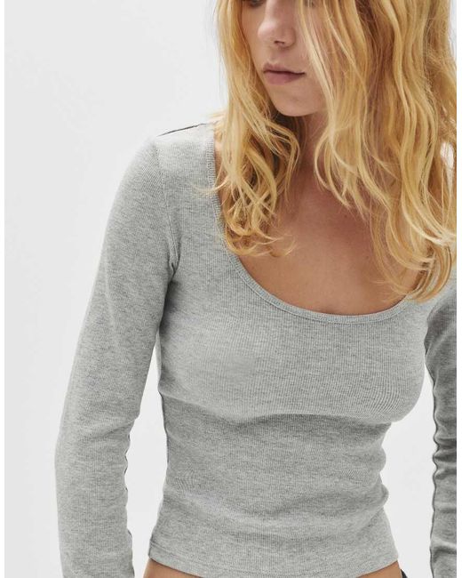 Pull&Bear Gray Ribbed Long Sleeve T-shirt