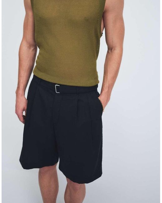 Tommy Hilfiger Blue Relaxed Linen Mix Pleated Shorts With Belt for men