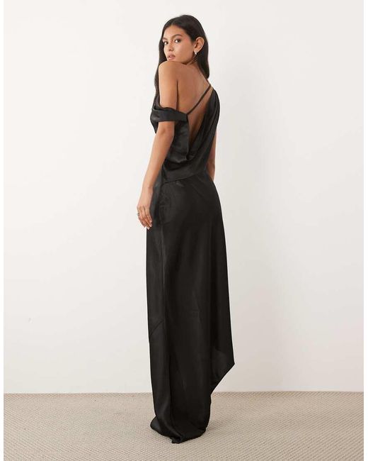 JW PEI Natural Satin Draped One Shoulder Asymmetric Satin Maxi Dress