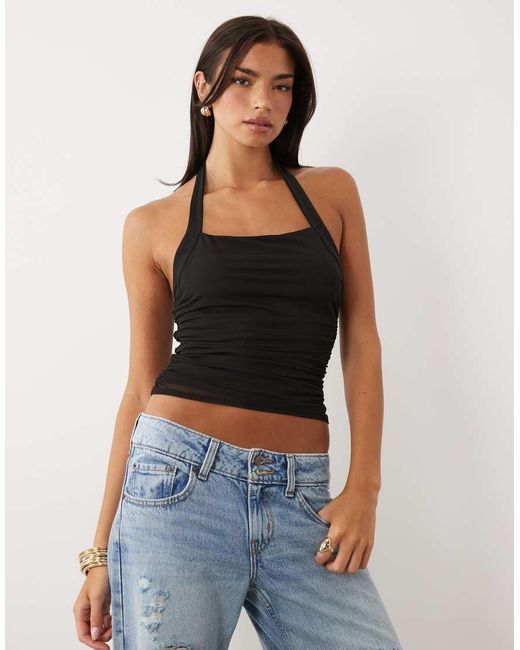ASOS Black Mesh Ruched Halter Top