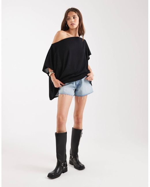 ASOS Black Textured Semi Sheer Knit Off Shoulder Cape Top