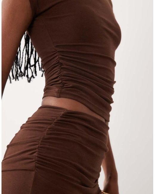 4th & Reckless Brown Ruched Side High Neck Short Sleeve Top