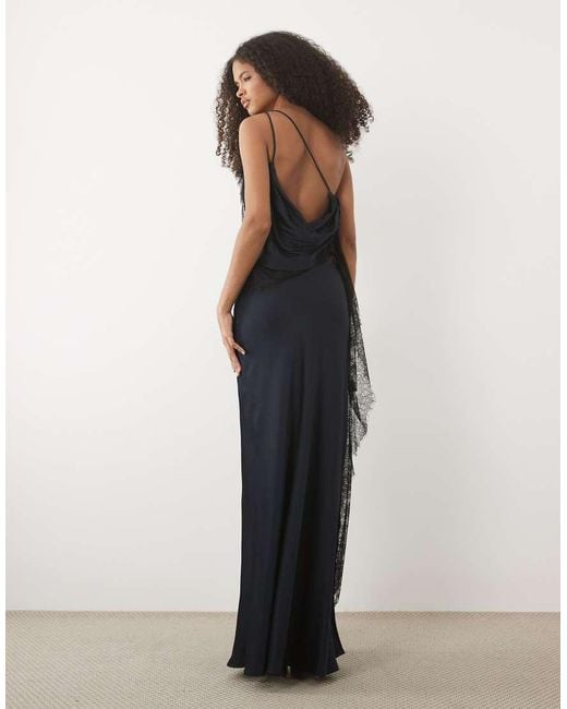 Forever New Blue Satin Lace Detail One Shoulder Bias Maxi Dress