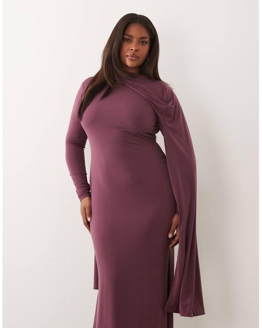 ASOS Red Asos Design Curve Slinky Long Sleeve Maxi Dress With Extreme Cape Shoulder Detail