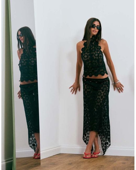 Lioness Black Trophy Sheer Lace Intricate Floral Detail High Neck Top Co-ord