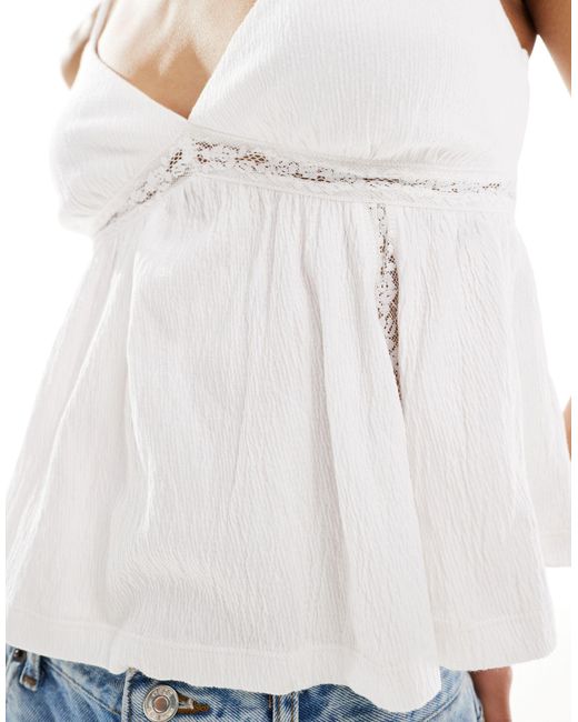 ASOS White Crinkle Lace Insert Cami Blouse With Open Back
