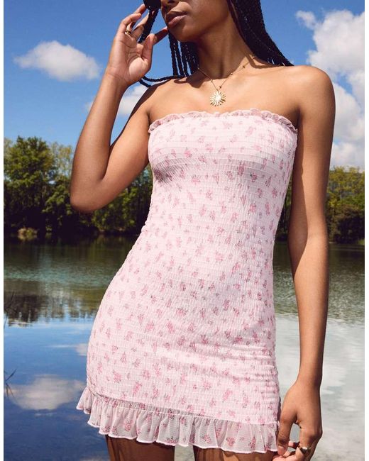 Bershka Pink Bandeau Print Mini Dress