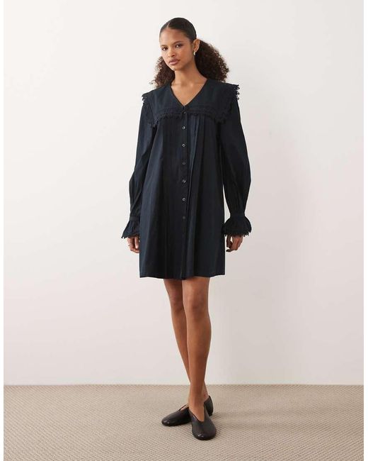 Barbour Blue Tisbury Long Sleeve Lace Trim Collared Broderie Mini Dress