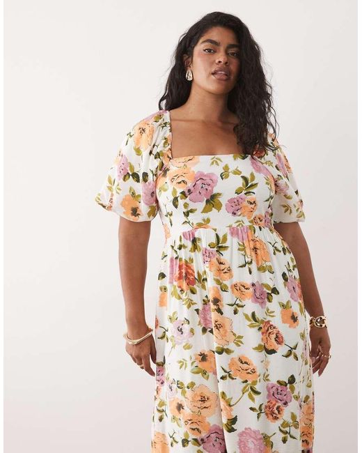 Vila Curve Pink Square Neck Puff Sleeve Midi Dress