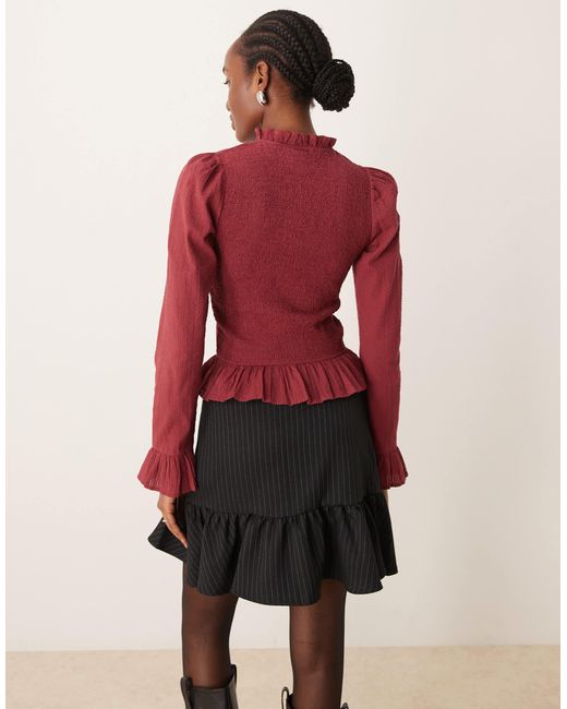 Neon Rose Red Shir Long Sleeve Blouse With Velvet Ties