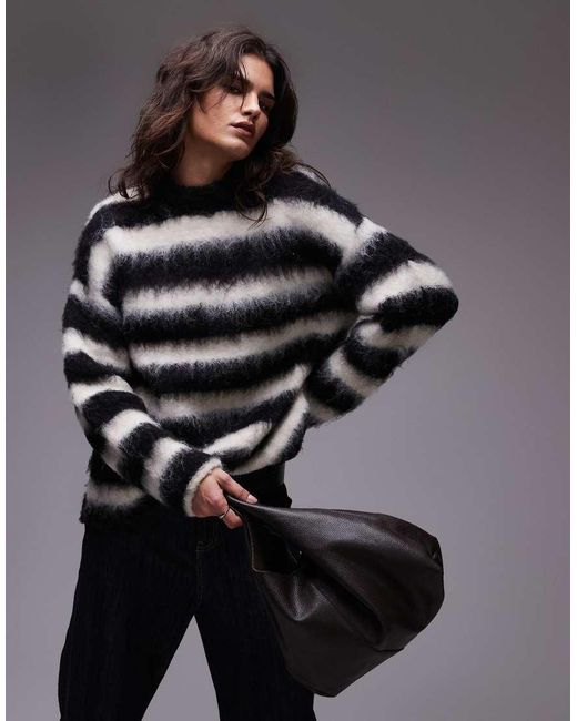 TOPSHOP Gray Knitted Boysy Ultra Fluffy Stripe Oversized Jumper