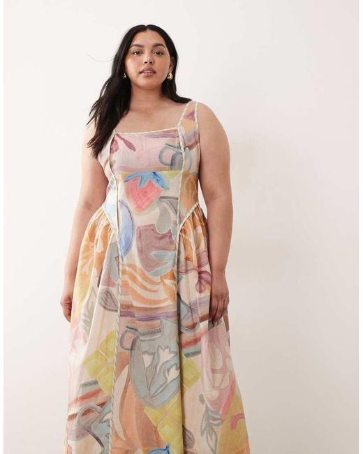 ASOS Natural Asos Design Curve Square Neck Midi Sundress With Sculpted Bust And Contrast Piping