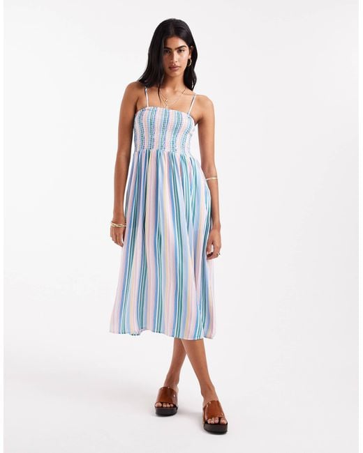Vero Moda Blue – easy – gesmoktes, knöchellanges trägerkleid mit bonbonfarbenen streifen