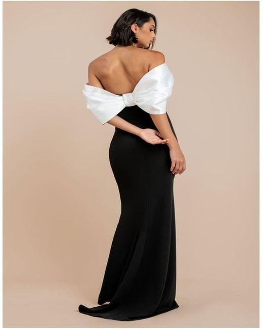 Goddiva Black Contrast Off Shoulder Back Satin Bow Maxi Dress