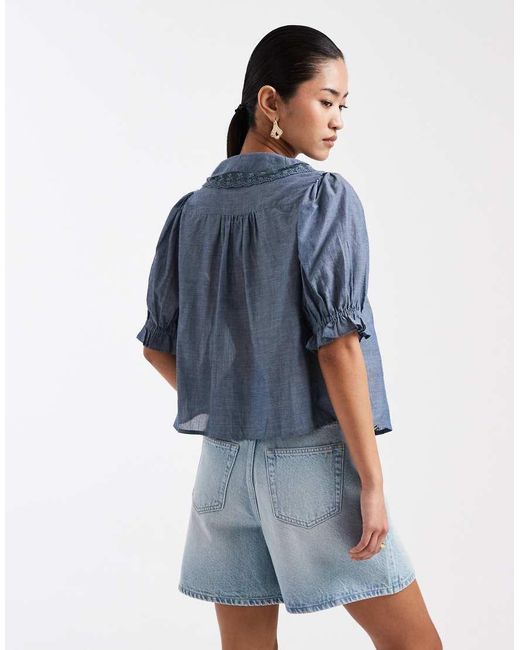 Miss Selfridge Blue Chambray Peter Collar Blouse With Lace Detail