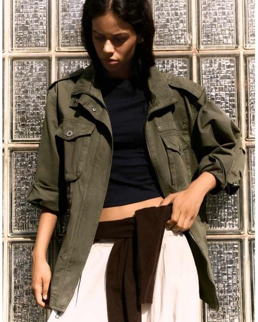 Bershka Green Parka Jacket With Pockets And Funnel Neck