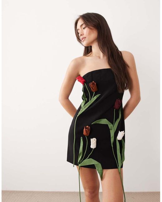 JW PEI Natural Bandeau 3D Tulip Floral Applique Tailored Mini Dress