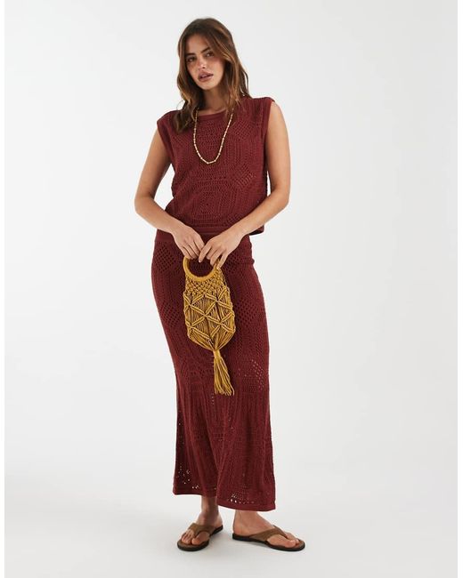 Aware Red Boatneck Patterned Crochet Vest Co-ord