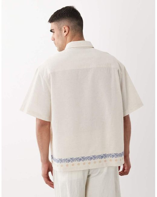 ASOS White Oversized Shirt With Linen And Border Embroidery for men