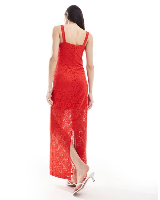 Y.A.S Red Lace Maxi Dress With Slit Back