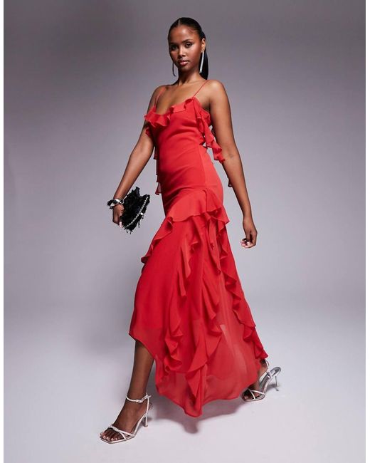ASOS Red Textu Chiffon Maxi Dress With Trailing Ruffles