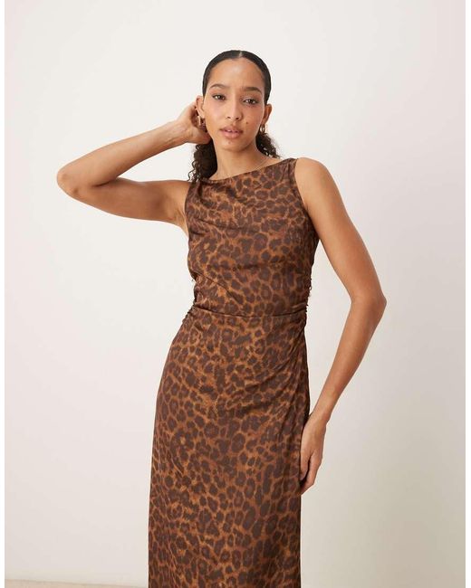 JJXX Brown Satin Leopard Midi Dress