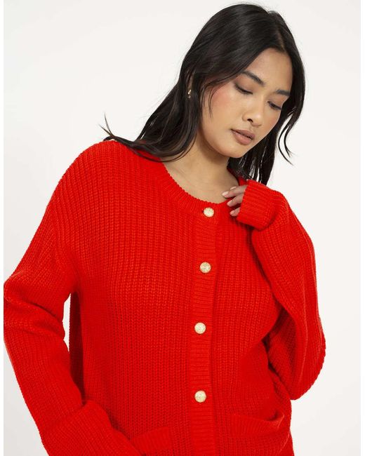 Brave Soul Red Round Neck Fisherman Knit Cardigan