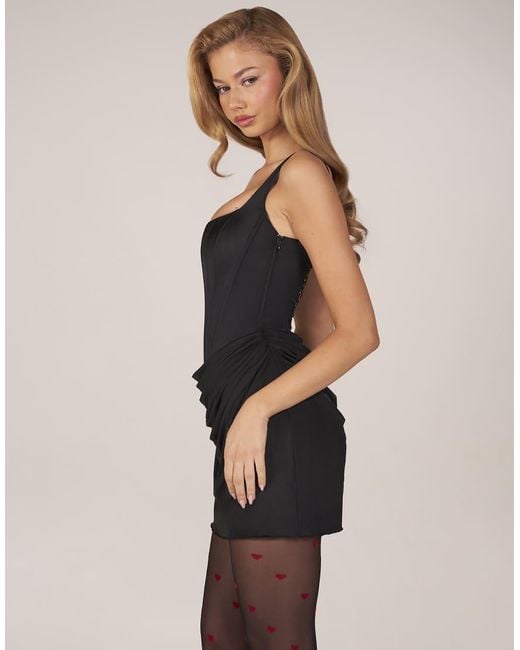 Oh Polly Natural Satin Lace Up Corset Draped Mini Dress