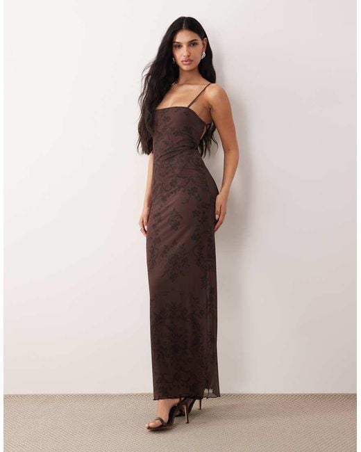 ASOS Natural Printed Mesh Strappy Midi Dress